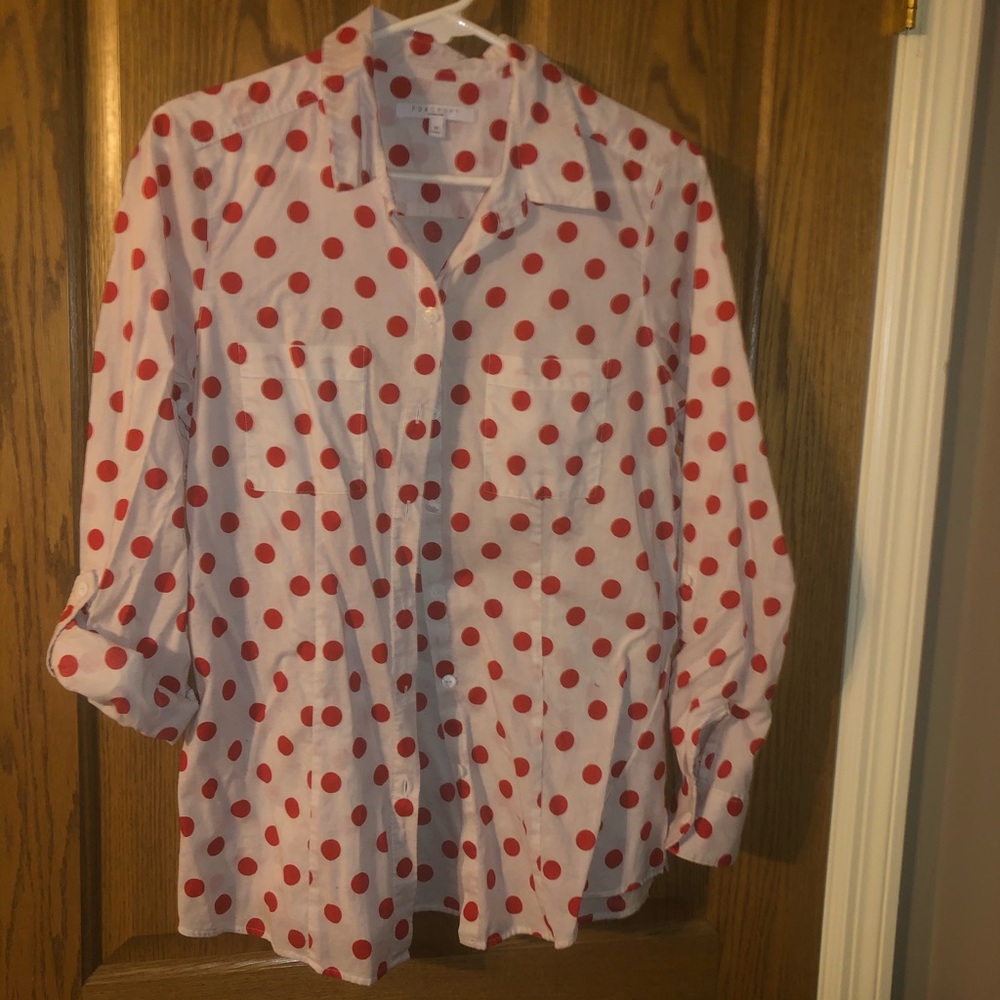 White with Red polka dots women’s collared shirt